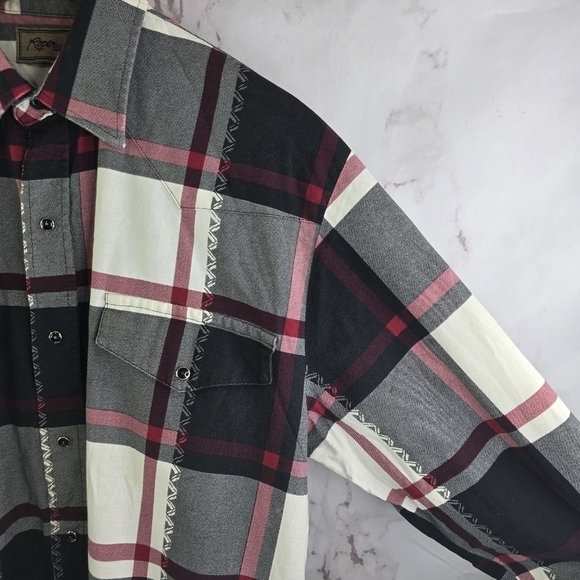 Roper Shirt Mens Large Black Red Snap Button Plaid Western White Long Sleeve - Picture 11 of 12